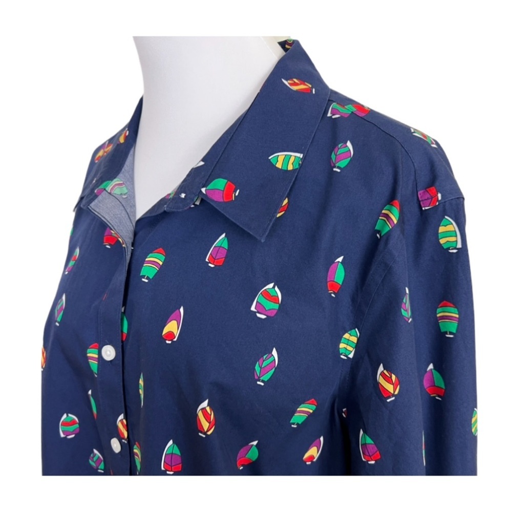 Lands End No Iron Supima Button Front Shirt 18W Sailboat Print Navy Blue - Picture 3 of 8